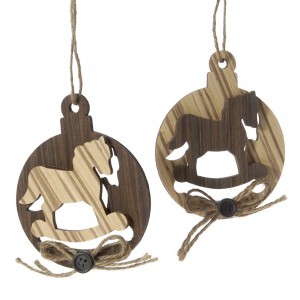 К-т от 2 дървени орнаменти топки с конче триизмерни висящи, 10СМ кафяво