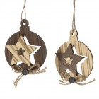 К-т от 2 дървени орнаменти топки със звезда триизмерни висящи, 10СМ кафяво