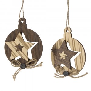 К-т от 2 дървени орнаменти топки със звезда триизмерни висящи, 10СМ кафяво