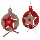 Висяща украса с кадифе топки червени и звезди, к-т от 2бр, 10СМ