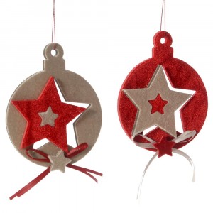 Висяща украса с кадифе топки червени и звезди, к-т от 2бр, 10СМ