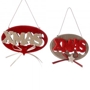 Висяща украса с кадифе табелки червени X 'mas, к-т от 2бр, 14СМ