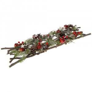 Коледна аранжировка дърва, червени топчета и 4 свещници чашки стъкло 63Х16Х8СМ