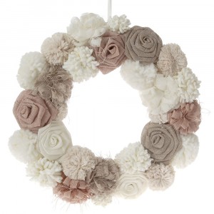 Венец от текстилни рози и памукови топчета, Ф 48 см