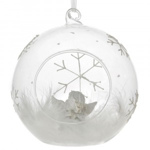 Коледна стъклена топка с ангел бяла, 12СМ
