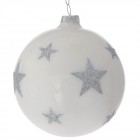 Коледна стъклена топка бяло сребърни звезди, к-т от 4бр, 10СМ