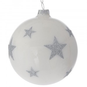 Коледна стъклена топка бяло сребърни звезди, к-т от 4бр, 10СМ