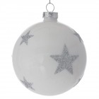 Коледна стъклена топка бяло сребърни звезди, к-т от 6бр, 8СМ