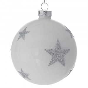 Коледна стъклена топка бяло сребърни звезди, к-т от 6бр, 8СМ