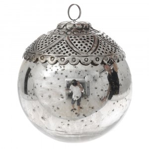 Коледен стъклен орнамент топка сребро декор 12СМ