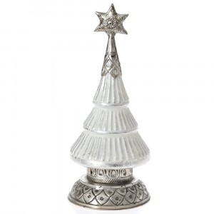 Коледен стъклен орнамент елха бяло и метал декор 14Х27СМ