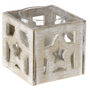 Дървен свещник със стъклена чашка, натюр, 7х7х7 см