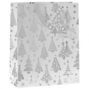Подаръчна торбичка,хартия, сребърни елхи, 26х10х32 см