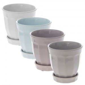 Керамична саксия с лята чинийка, 4 цвята, Ф13х13 см