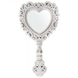 Огледало сърце за ръка, ретро, претрито бяло, дървено, 14х26 см