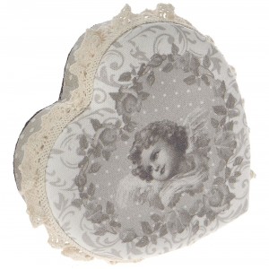 Кутия сърце, плат, ангели, 13х13х5 см