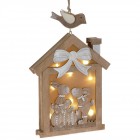 Висулка със светлина, дървена къща със зайци, 17х25 см