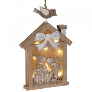 Висулка със светлина, дървена къща със зайци, 17х25 см