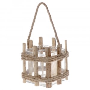 Висящ свещник - дърво и стъкло, 13х12 см