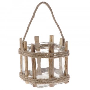 Висящ свещник - дърво и стъкло, 15х14 см
