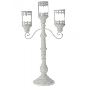 Метален свещник тройка със стъклени чашки, бял, 38Χ18Χ68 см