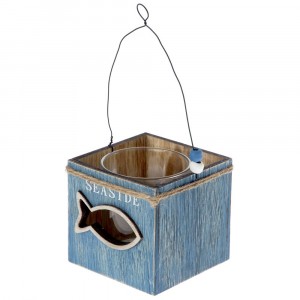 Дървен свещник със стъклена чашка, риба, син, 9х9х20 см