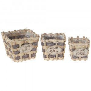 Плетени кашпи 3 бр HOME & FLOWER, дърво и слама, сиви