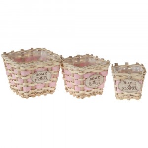 Плетени кашпи 3 бр HOME & FLOWER, дърво и слама,розови