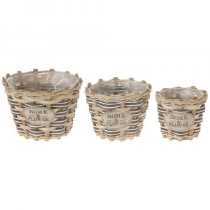 Плетени кашпи 3 бр HOME & FLOWER, дърво и слама, рейе