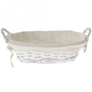Плетен панер овал с плат, бял, 33х22х10 см
