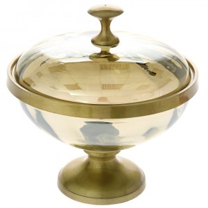 Купа с капак, метал и стъкло, злато, Ф20х20 см