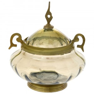 Захарница с капак, метал и стъкло, злато, Ф18х18 см