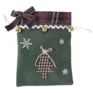 Коледна торбичка за подарък, плат, зелена, 19х15 см