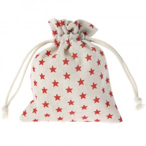 Торбичка от плат, бежова с червени звезди, 14х11 см