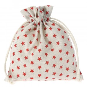 Торбичка от плат, бежова с червени звезди, 18х14 см