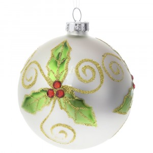 Стъклена топка, бяла с коледена клонка, к-т 6 бр, ф 8 см
