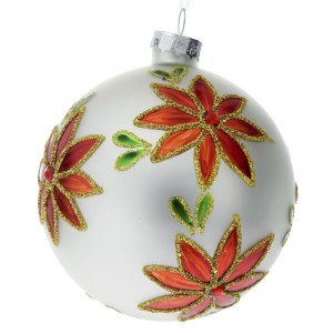 Стъклена топка, бяла с коледна звезда, к-т 6 бр, ф 8 см