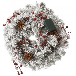 Коледен заснежен венец с боровинки и лампички, 40 см