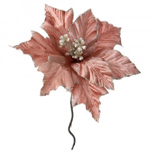 Стрък коледна звезда, розова с брокат, 24 см