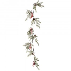 Гирлянд заснежен с шишарки и червени топчета