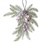 Елхови клон висящ, заснежен с шишарки и червени топчета