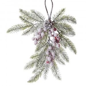 Елхови клон висящ, заснежен с шишарки и червени топчета
