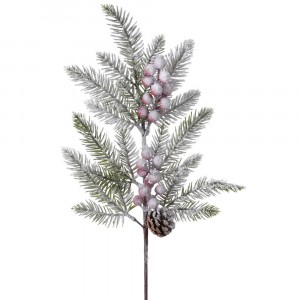 Елхови клон заснежен с шишарки и червени топчета