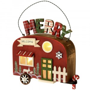 Дървена светеща каравана, червена, 18х7х23 см