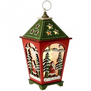 Дървен светилник с лампички, червен, 12х12х24 см