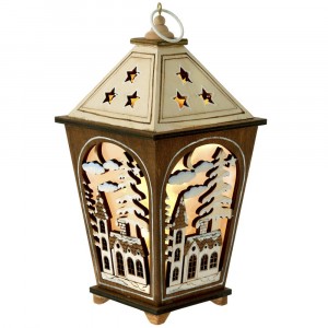 Дървен светилник с лампички, кафе и беж , 12х12х24 см