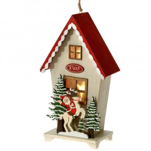 Дървена висулка къща със светлина, червена, 16х9х27 см