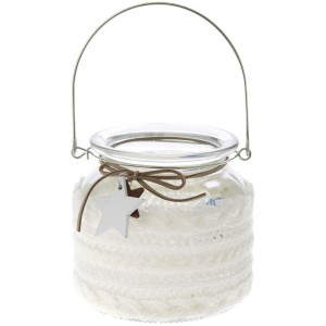 Стъклен свещник, бял, дантела и звезда, 11х11 см 