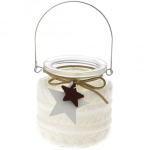 Стъклен свещник, бял, дантела и звезда, 8х9 см 