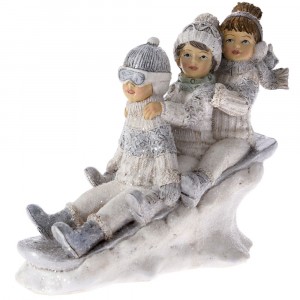 Фигурка деца върху шейна, полирезин, сиво, 16х7х13 см